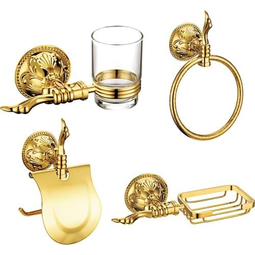 Bathroom Accessories Wall Mount Towel Ring Toilet Paper Holder Soap Dish Toothbrush Cup Holder Bathroom Hardware Set Gold Color