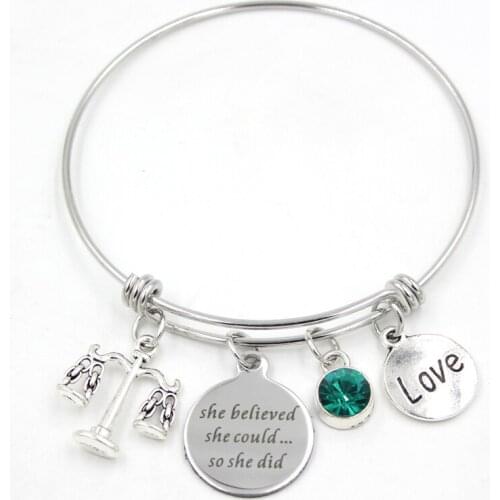 Stainless Steel Bangle Scales of Justice Bracelet Birthstone Charms Bracelet Paralegal Lawyer Lega Assistant Gifts Jewelry