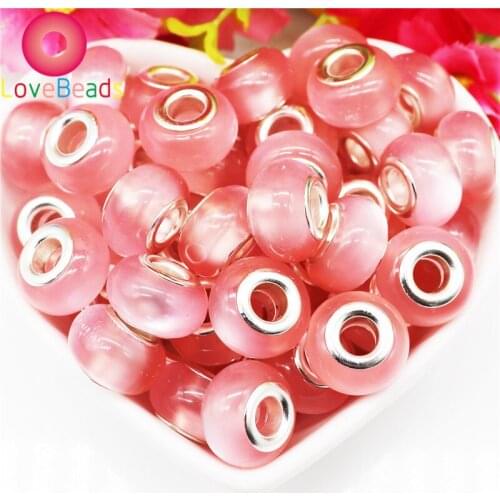 10Pcs New Pink Color Cat Evil Eye Big Hole Beads Round Spacer Fit Pandora Bracelet Bangle Hair Beading DIY Craft Women Jewelry