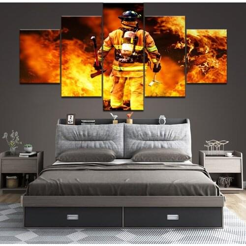 Decoration Posters Modular Picture On Canvas Wall Art Home 5 Panel Firefighter Living Room Modern HD Printed Painting Framed
