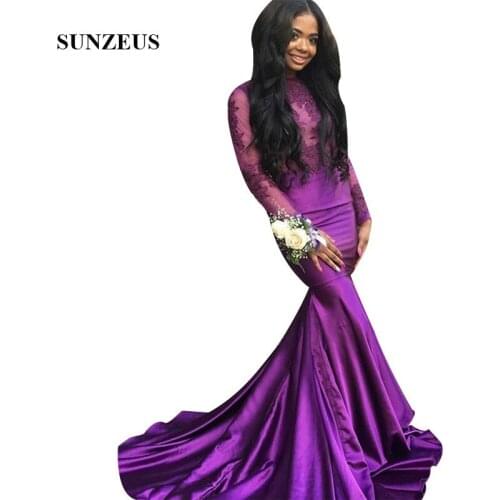 Purple Mermaid Prom Dresses With Long Sleeves High Neck Open Back Party Gowns Appliques Illusion Top Satin Long Formal Wear