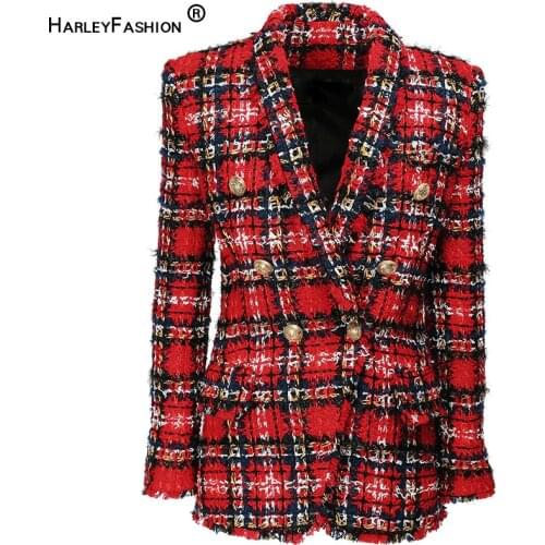HARLEYFASHION Fall Winter Retro European High Quality Plaid Blazer Long Sleeve Double Button Women Tweed Jacket