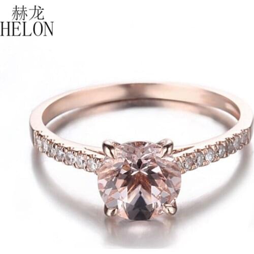 HELON Solid 14K Rose Gold Flawless Round 1.27ct Genuine Morganite & Diamonds Engagement Ring For Women Anniversarry Best Gift
