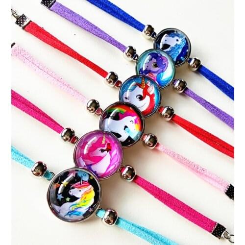 Jiangzimei 24pcs/lot Unicorn Bracelet Lucky Horse Handmade Leather Charm Bracelets For girl