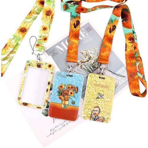 JY157 Wholesale Van Gogh Sunflower lanyard card ID Holder Car KeyChain ID Card Pass Gym Mobile Badge Key Ring Holder Jewelry
