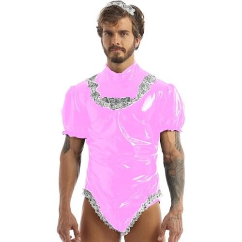 Men Sissy Maid Cosplay Costume Vinyl Puff Short Sleeve Leotard Bodysuit with Lace Hommes Gay Lace Tceddy Bodysuit Romper 7XL