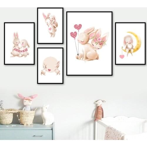 Nursery Wall Art Canvas Painting Rabbit Moon Balloon Nordic Posters And Prints Bunny Wall Pictures Baby Kids Room Home Decor