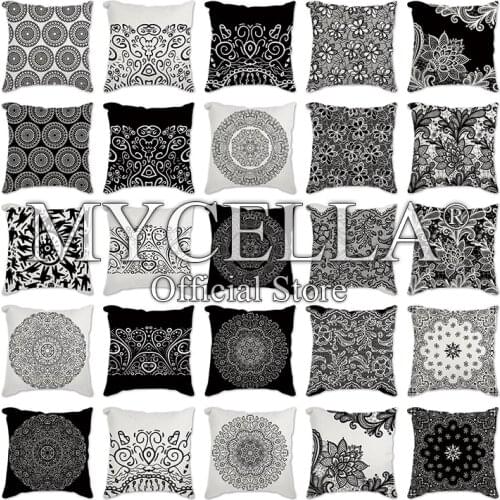 New Mustard Pillow Case Black Flower Pattern Geometric Cushion Cover Car Pillow Covers Pillowcase 45*45cm Housse De Coussin