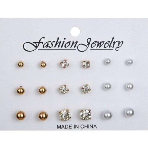 Different Sizes Classic Crystal Rhinestone Pearl Stud Earrings Sets Women Zircon Fashion Jewelry Accessory