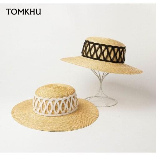 Summer Fashion Vintage Flat Top Natural Straw Hats For Women Ring Decoration Ribbon Outdoor Sun Hat Beach Wide Brim Straw Hat
