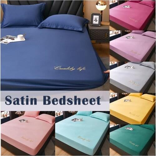 [Silky & Cool] Soft Silky Cadar Embroidered Fitted Sheet with Rubber 100% Premium Cadar Bed Sheets Single / Queen / King Size