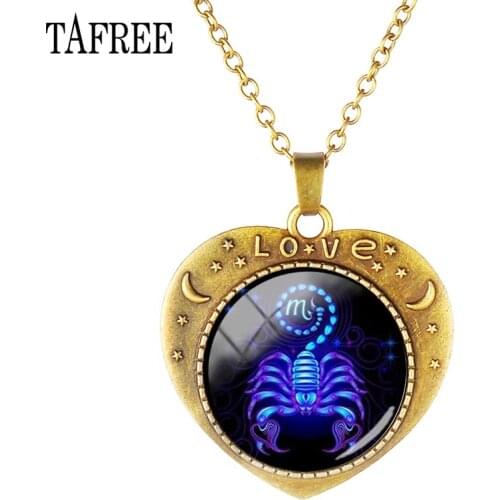TAFREE Fashion Pendant Heart-Shaped Necklace Design 12 Zodiac Sign Horoscope Astrology Necklace For Women Cabochon Jewelry XZ68