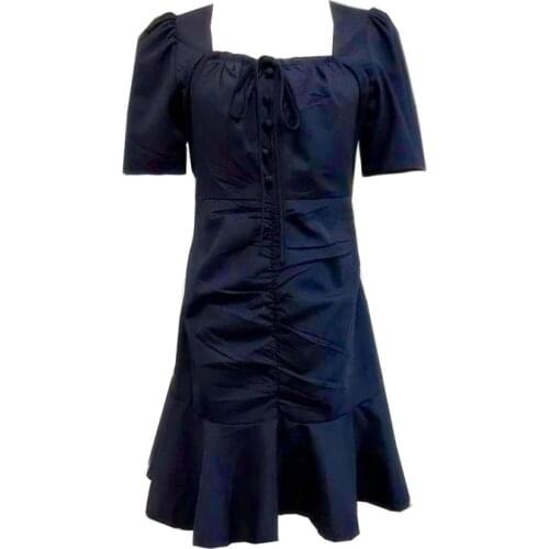 PERHAPS U Slash Neck Short Sleeve Mini Dress Elegant Solid Summer Women Female Navy Lace-up Button Pleated D1968