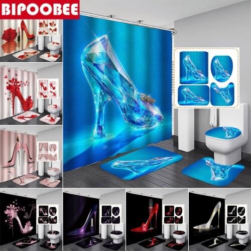High Quality Blue Crystal High Heels Bathroom Curtain Set Fashion Shower Curtains Pedestal Non-slip Carpet Toilet Cover Bath Mat