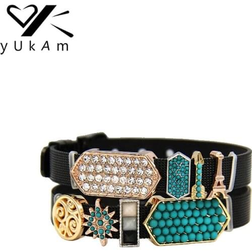 YUKAM Jewelry Sliders Big Crystal Bar Green Beads North Star Arrow Eiffel Tower Slide Charms Keeper for Mesh Bracelet DIY Making