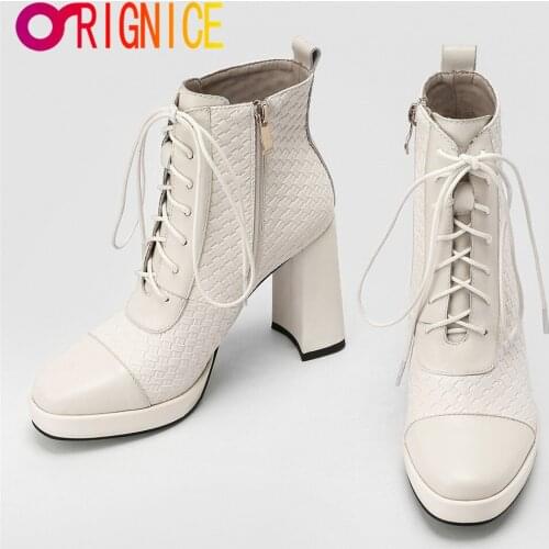 Orignice Fashion Lace Up Zipper Women Chic Ankle Boots High Quality Leather Woven Platform Thick Heels Autumn Winter Party Shoes