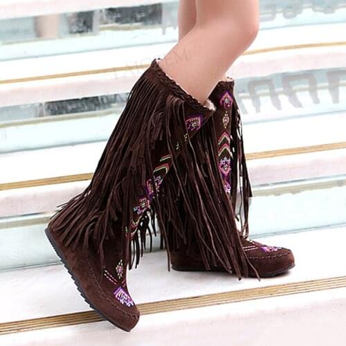 LAIGZEM Vintage Women Claf Boots Embroidery Flat Heels Long Fringe Boots Woman Tassel Boots Shoes Woman Large Size 38 39 42 43