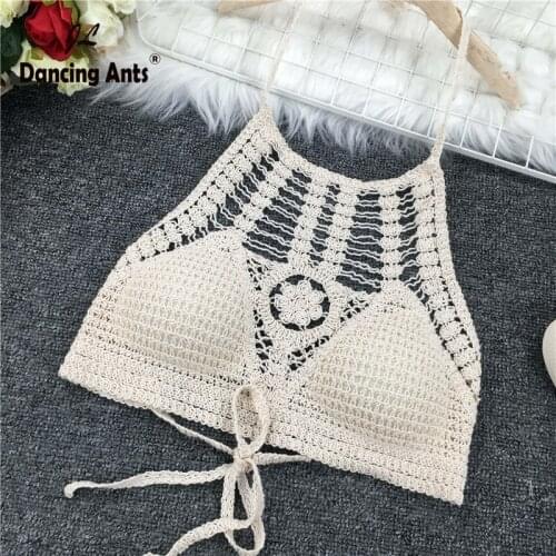 Women Summer Beach Boho Clothing Crochet Hollow Out Camis Tank Tops Bikini With Tassel Camisoles Bikini Bralette Halter Cami