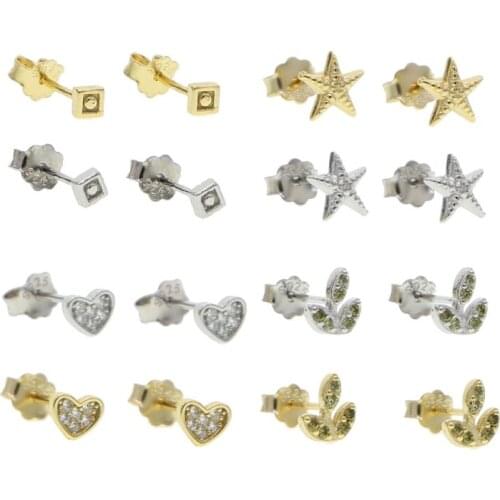 2021 new real 100% 925 Sterling Silver color Women square Star tree heart Charm Stud Earrings Friendship Gift Teen Girls Friends