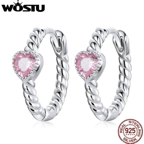 Wostu Heart Shaped Circle Buckle Earring 925 Sterling Silver Pink Gem Zircon for Women Wedding Statement Fine Jewelry DXE1081