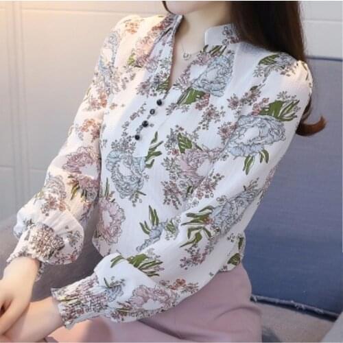 Womens Spring Autumn Style Chiffon Blouses Shirts Womens Elegant Long Sleeve Button Printed Korean Tops SP591