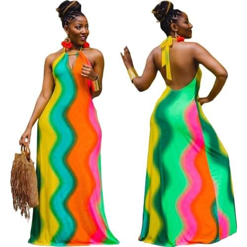 Backless Boho Long Dress Women Striped Rainbow Maxi Sundress Lace Up Halter Sleeveless Party Beach Holiday Long Summer Dresses