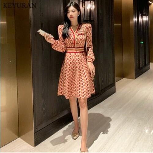 2021 New Autumn Winter Sweater Dress Women V Neck Long Sleeve Geometric Patterns Vintage A-line Knit Dress Party Robe Femme