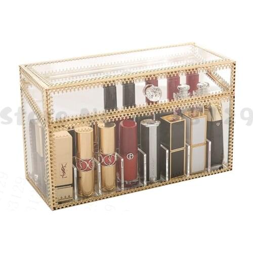 Golden Makeup Organizer Storage box Glass Cosmetic Container Case for Lipstick Skin Care Nail Polish Perfume Display Stand
