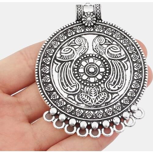 2PCS Antique Bohemian Boho Large Round Parrot Bird&Flower Shape Pendant for Necklace Connector Finding