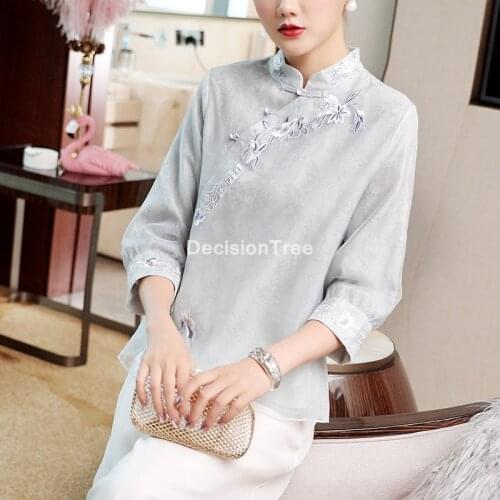 2021 ladies chinese traditional top mandarin collar qipao shirt ancient linen cheongsam blouse elegant party women shirts