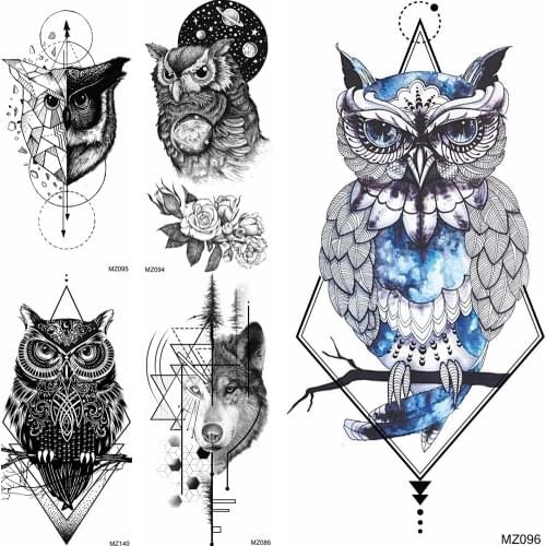 Watercolor Owl Wolf Temporary Tattoos Sticker Fake Geometric Planets Tattoos Decal Adults Fashion Body Art Arm Tatoos For Party