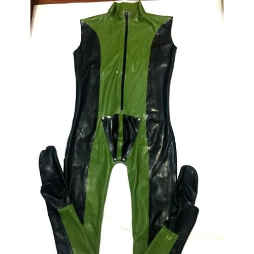 Army Green and Black Latex Rubber Gummi Sleeveless Body Suit with Pouch Rubber bodystocking