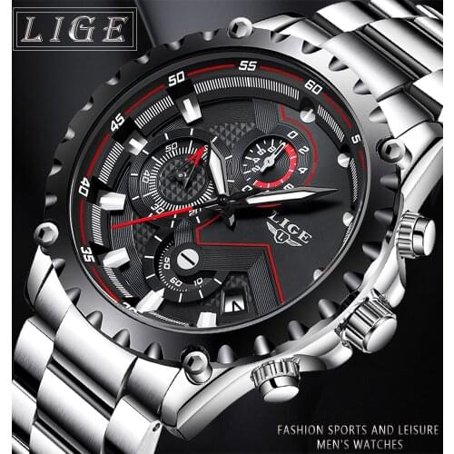 LIGE Brand 9821S Male Business Quartz Chronograph Calendar Dial Clock Watches Waterproof Stainless Steel Mens Wristwatches