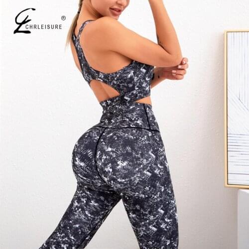 CHRLEISURE 2 Piece Sexy Printing Yoga Set Women Workout Sets Fitness Crop Top and Leggings Fashion Clothing Active Wear Spo