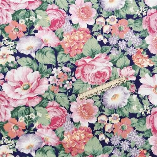Elegant Vintage DARK BLUE Big Pink Purple Peony Rose Flower Floral 100% Cotton Twill Fabric for DIY Dress Patchwork Decor Craft