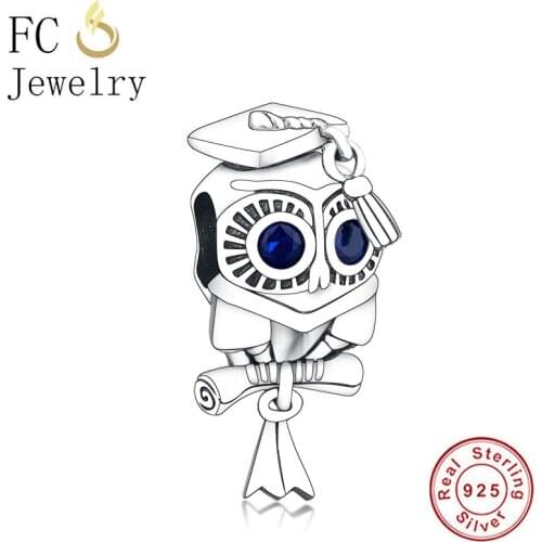 FC Jewelry Fit Original Brand Bracelet Charm 925 Silver Owl Blue Graduation Scroll Bow Mortarboard Hat Bead Making Berloque