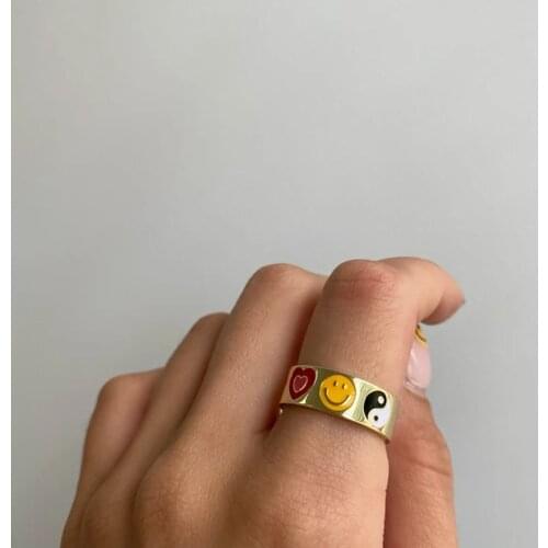 New INS Gold-plated Yin Yang Heart Smiley Rings for Women Y2K Jewelry 90s Aesthetic Punk Goth Charm Rings Friends Gift Wholesale