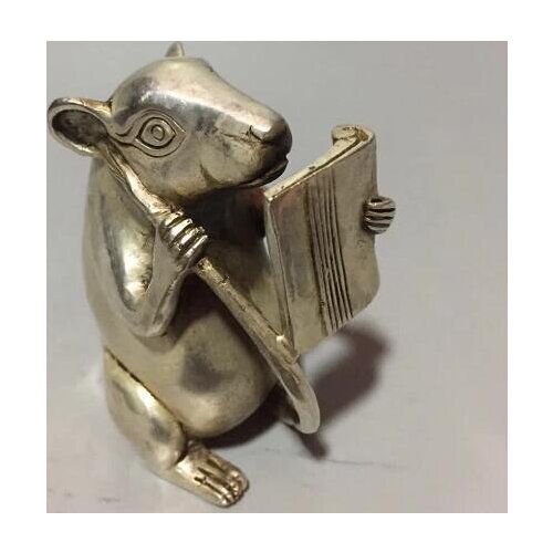 Collection Chinese Tibetan Silver Handmade Carved Little Mouse Reading Book Lovely Zodiac Animal Statue Gift Home Decoration