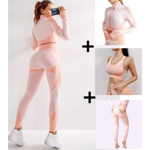 3pcs Women Seamless Gym Set Yoga Bra Suits Yoga Set Gym Clothing Female Fitness Sport Long Sleeve Yoga Suit Running Clothes