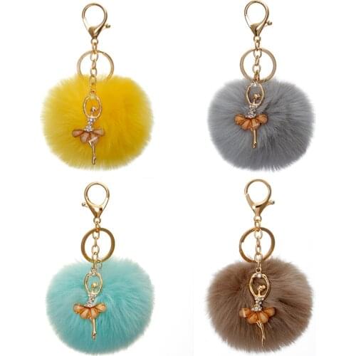 Fashion Dancing Angel Girl Fluffy Pompom Keychains Fake Rabbit Fur Ball KeyChain Women Bag Charms Jewelry Gift Pompom Keychain