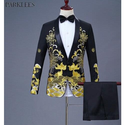 Gold Fish Embroidery 3pcs Suit Men Slim Fit One Button Shawl Lapel Mens Suits With Pants Stage Party Wedding Costume Homme Black