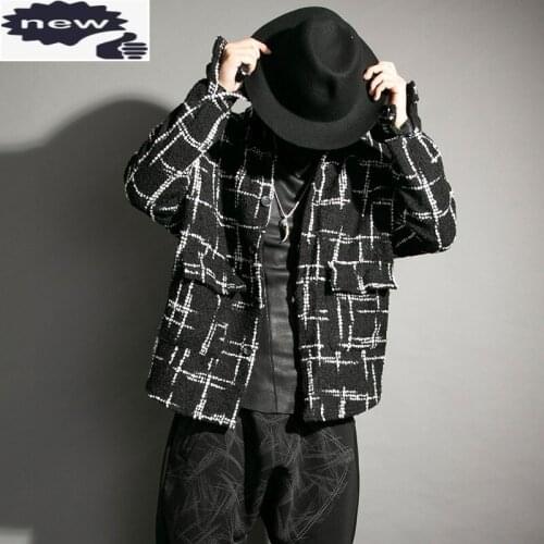 Spring New Loose Fit Plaid Tweed Jacket Men High Street Single Breasted Outerwear Casual Long Sleeve Male Short Coat M-XL