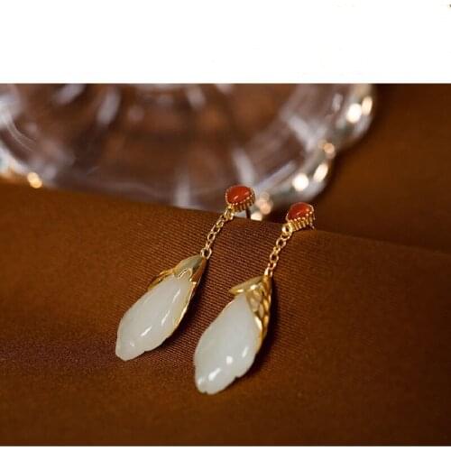 S925 Sterling Silver Inlaid Gold-plated Natural Hetian Yunan Red Heart-Shaped Temperament Womens Earrings Earrings