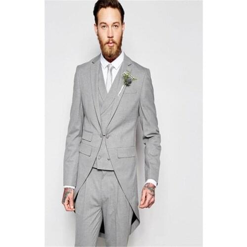 Silver Notched Lapel Groom Suits Tail Coat Three Pockets Groom Tuxedos One Buttons Hot Best Man Suits Blazer(Jacket+Pants+Vest)