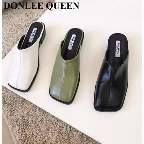 Fashion Square Toe Low Heels Mule Shoes Women Slip On Slides Outdoor Slippers Casual Flip Flops Spring Summer Footwear Chaussure