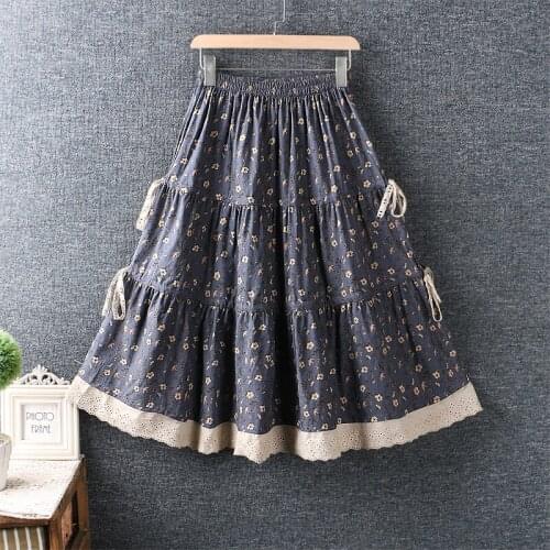 Spring New Style Womens Art Small Fresh Elastic Waist Drawstring Cotton and Linen Floral Skirt Loose Skirt