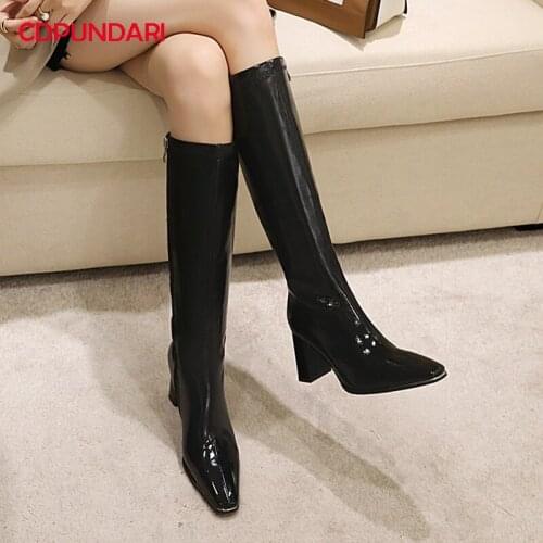 Women Patent Leather High Heels Knee High Boots Plus Size Ladies Autumn Winter Modern Long Boots Shoes Botas Invierno Mujer