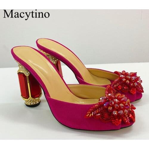 Flower decoration ladies high heel slippers crystal rhinestone round toe glass heel high heel slippers fashion party slippers