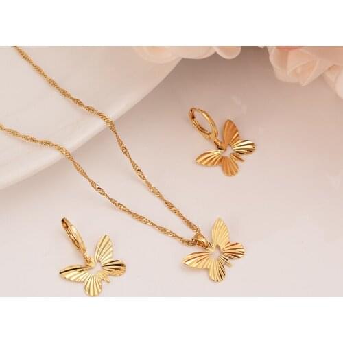 African vintage flower butterfly Pendant Necklace Gold Color Jewelry for Women wedding bridal party jewelry sets girls Gift