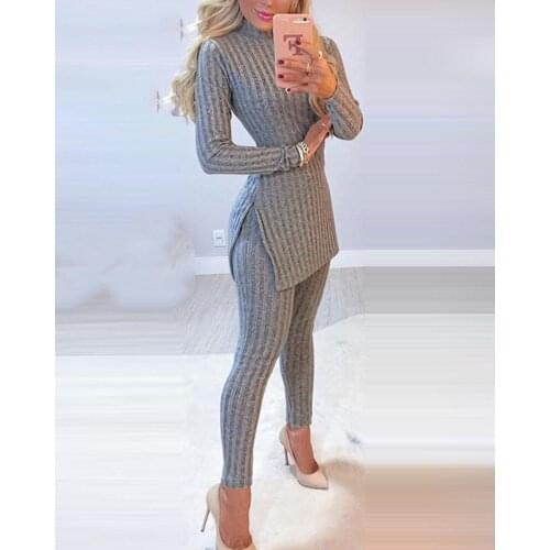 Winter Warm Solid Long Sleeve Slit Knitted Sweater With Skinny Long Pants Suit Womens Elegant 2 Piece Outfits Sets Leotard